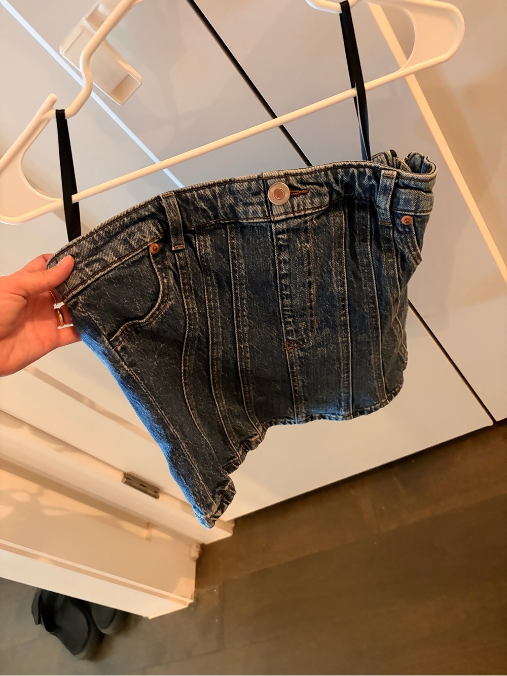 H&M Dark Blue Denim Corset Top with Black Straps
